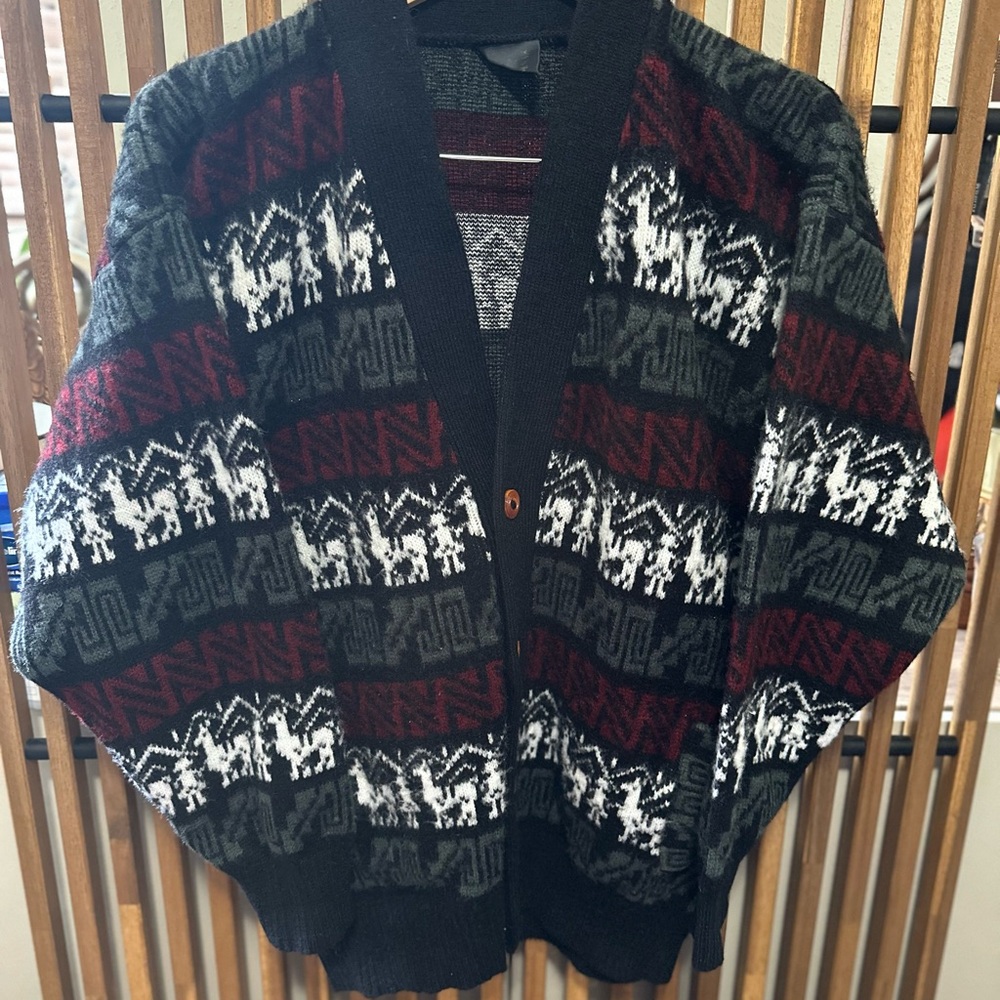 Tejidos Ruminahui Cardigan Sweater Mens Ecuador Llama Aztec Stripe Pattern Wool